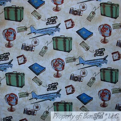 BonEful Fabric FQ Cotton Quilt Brown Antique VTG Old World Globe Camera Bag Book • $4.94