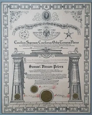 Antique Masonic 33° 1916 Certificate Concilium Supremum Conciliorum Orbis [RARE] • $1999.99