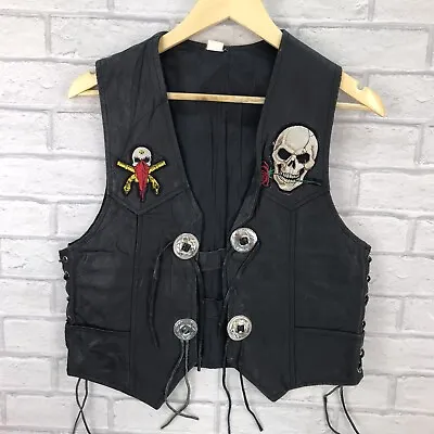 Leather Tie Side Biker Vest Waistcoat With Patches Size XS VGC Blues Bros • £17.99