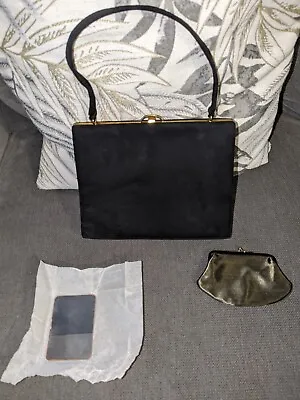 Vintage Ladies Black Felt 'waldybag' Clasp Top Hand Bag Matching Purse & Mirror • £19.99