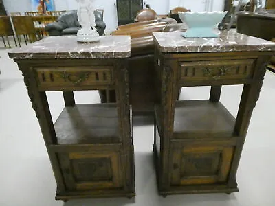 Pair French Carved Oak Wood Nightstands W/ Marble Tops • $693