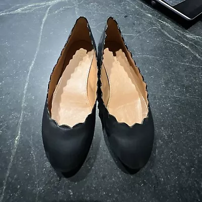 J J. Crew Women's Black Leather Scalloped Ballet Flats Size 8 • $17