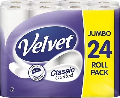 Velvet Classic Quilted Toilet Paper Bulk Buy 24 White 3 Ply Toilet Tissue Rolls • £8.29