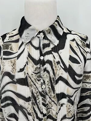 Erin London Women's Blouse Top Shirt L Large Button Up Black Gray Tan Semi-Sheer • $23.99