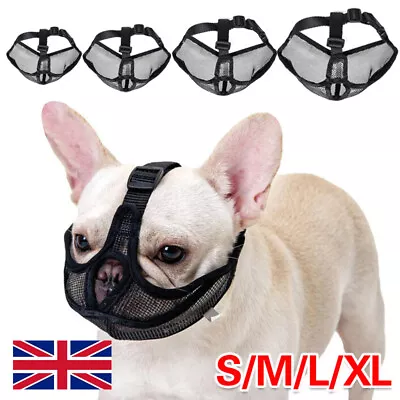 UK Pet Dog Muzzle Anti Barking Biting Mesh Mask Short Faced Breed French Bulldog • £5.99