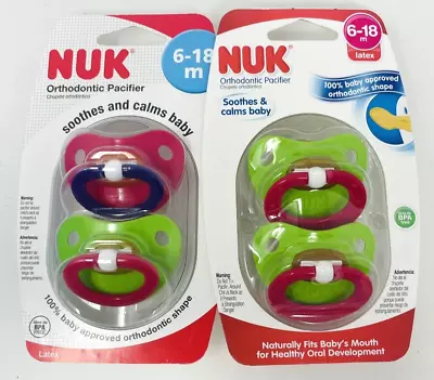 Lot Of 2 Packs Nuk 6-18 Month Latex Baby Pacifiers Pink Green Orthodontic • $39.99