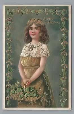 A Merry CHRISTMAS Girl In Green With Holly Vintage Postcard • $4.99