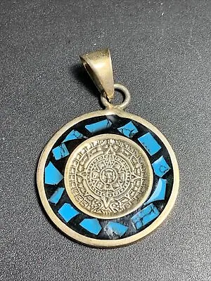 Vintage Mexico Sterling Silver Onyx And Turquoise Mayan Calendar Pendant • $39.90