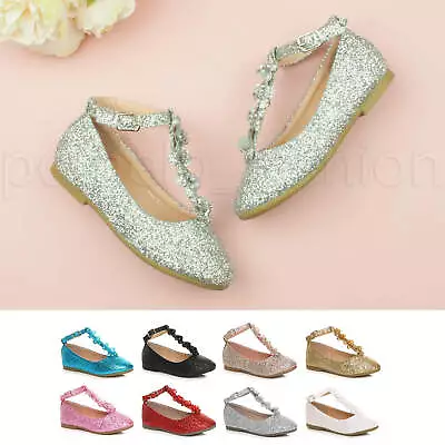 Kids Childrens Glitter Princess Costume Dressing Up Flower Girl T-bar Shoes Size • £9.99