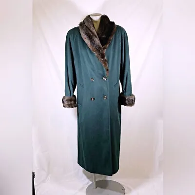 Vintage 80s Hunter Green Wool Tissavel Fur Trim Maxi Coat~M~ • $54.99