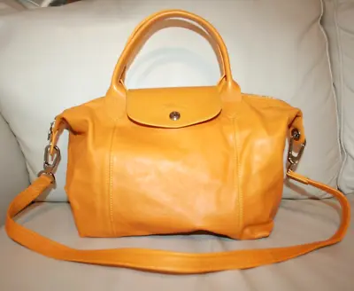 LONGCHAMP Le Pliage Cuir Top Handle Leather Satchel Tote Shoulder Bag Yellow • $149.99