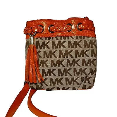 Michael Kors Tan Brown Monogram Canvas Orange Leather Drawstring Bucket Handbag • $29.99