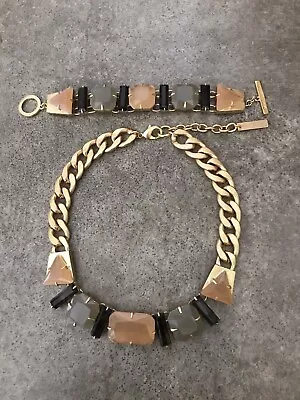 Vince Camuto Signed Flat Gold Tone Gem Stone Choker Necklace & Bracelet • $38
