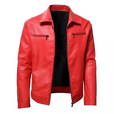 Mens Fashion Jacket Long Sleeve Coat Lapel Slim Fit Motorcycle PU Leather Zipper • $46.40