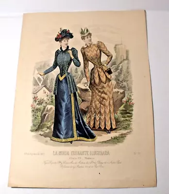 1891 Antique French Hand Colored LA MODE ELEGANTE ILLUSTRADA Fashion Print • $18