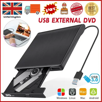 £14.99 • Buy DVD CD RW USB External CD RW Disc Burner Drive Reader Windows 10 11 Laptop PC