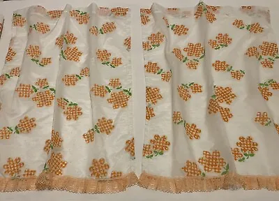 Vintage Flocked White Orange Daisy Semi Sheer Swiss Dot Cafe Curtain Pair 1960's • $24