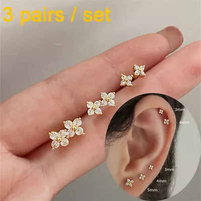 New Gold Plated Flower Stud Earrings Pack For Women Sets For Men Cubic Zirconia • £7.99