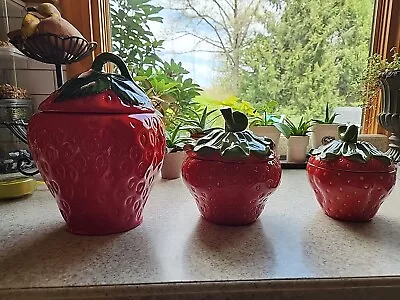 Lot Of 3 Vintage Strawberry Kitchen Canisters Read Description. Flaws. Cheap • $9.99