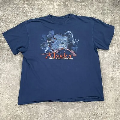 Vintage Alaska Shirt Mens XXXL Blue Moose Bear Wolf Eagle Graphic Y2K Art Tee • $13.98