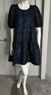 Zara Womens Blue Black Balloon Short Sleeve Camo Midi Tiered Dress Sz S • $40