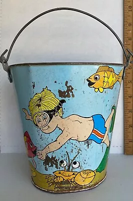 Vintage Ohio Art Metal Beach Pail Child Diving With Fish Some Rust & Paint Loss • $9