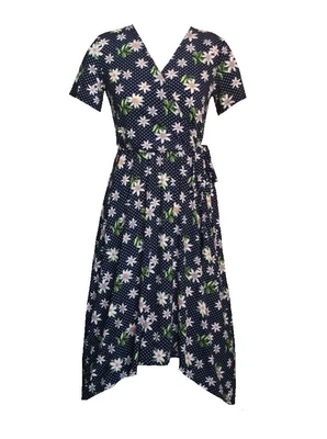 £2 • Buy Womens Navy Floral Daisy Polka Dot High Low Smart Casual Knee Length Dress Sz 8