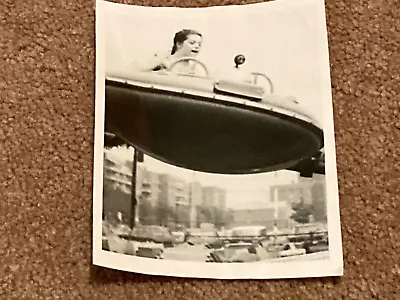 B&W Photo Girl On Flying Saucer Ride Fairyland Queens New York - 1965 • $5.99