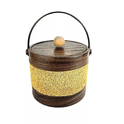 Vintage Mid Century Ice Bucket With Lid Knob Faux Vinyl Wood With Cork Accent • $15.97