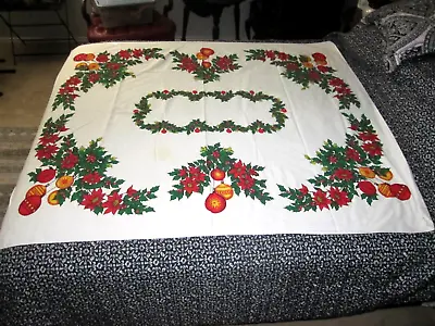 $29.99 • Buy Vintage Christmas Tablecloth~holly~poinsettias~ornaments~62x52 In.