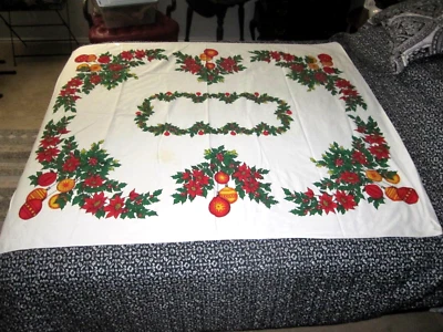 $29.99 • Buy Vintage Christmas Tablecloth~holly~poinsettias~ornaments~62x52 In.