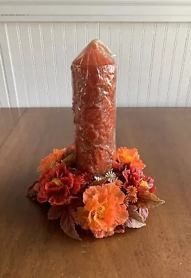 Vintage 70's Orange Carved Pillar Candle And Flower Power Candle Ring • $48