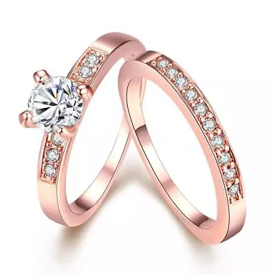 Rose Gold Platinum Plated Bridal Engagement Wedding Set Ring AAA Zirconia B153 • $9.99