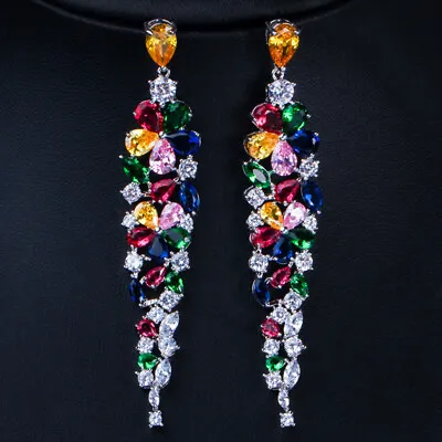 Multicolor Big Flower Drop CZ Long Drop Dangly Earrings Boho Jewelry For Brides • £13.31