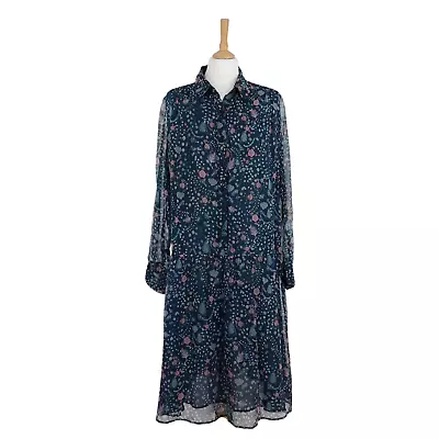 £69.99 • Buy Brora Size 16 Navy Pink Floral 100% Silk Sheer Sleeve Summer Shirt Dress Lined
