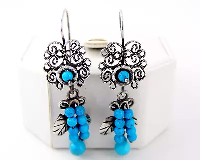 Vintage Handmade Mexican Sterling Silver Turquoise Filigree Earrings 6.7 Grams • $79