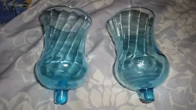 2 HOMCO Aqua Turquoise Blue Swirl Optic Glass PEG Votive Cups Candle Holders • $8