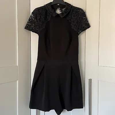Womens Black Topshop Playsuit With Lace Detailing And Open Back - UK Size 8 • £15