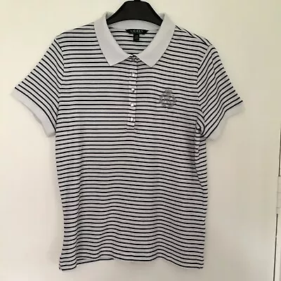 Ralph Lauren Polo Shirt Size M White Black Stripe Emroidered Silver Logo Buttons • £8