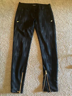 Pristine Balmain Moire Low Rise Black Pants Gold Zip Straight Leg Small 36 Moto • $89.99