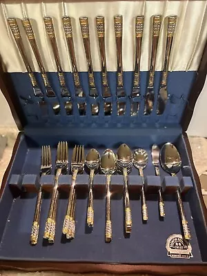 *Wallace Corsica Gold Accent 18/10 Stainless Steel Flatware Set & Wood Box • $175