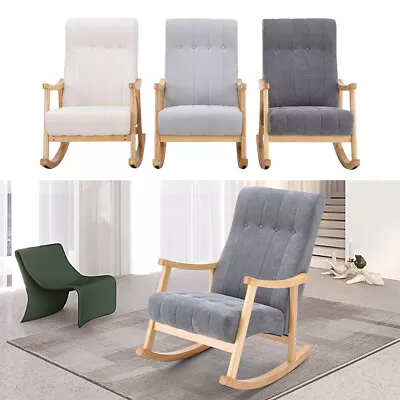 Rocking Chair High Back Rocker Sofa Upholstered Seat Solid Wooden Frame Armchair • £158.95