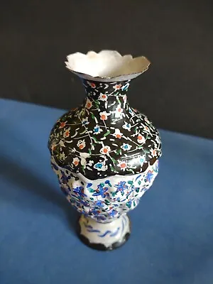 Vintage Iznik Minakari Hand Painted Enameled Copper Metal Relief Vase Birds 5  • $19