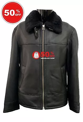 Men's Sheepskin B3 Bomber Jacket Black Fur Real Shearling Pilot Jacket NV-67 • £150