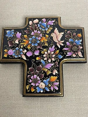 Artisan Made Folk Art Hand Painted Wood Cross Black W/Gold Trim 6 X 6  • $34.95