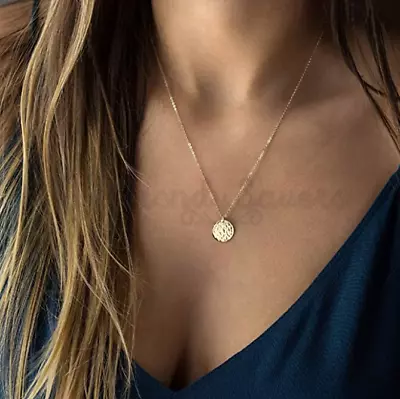 Minimalist Stainless Steel Disc Hammered Lariat Choker Pendant Silver Necklace • £3.99