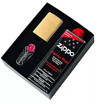Zippo 204 Brushed Brass Lighter Gold W/ 118ml Fluids & Flints Gift Boxed 90204GP • $66.99