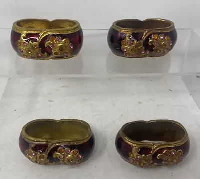 Vintage Napkin Rings Bejeweled Set Of 4 Brass Gemstone Tableware Dining Decor • $9.95