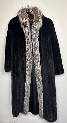 Mink Coat Full Length Black With Silver Fox Trim Size Large Vintage • $359.99