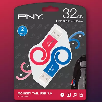 PNY Monkey Tail USB 3.0 Flash Drive 32GB 2-PK Blue & Red (P-FDU32GX2TBMNK-GE) • $19.09